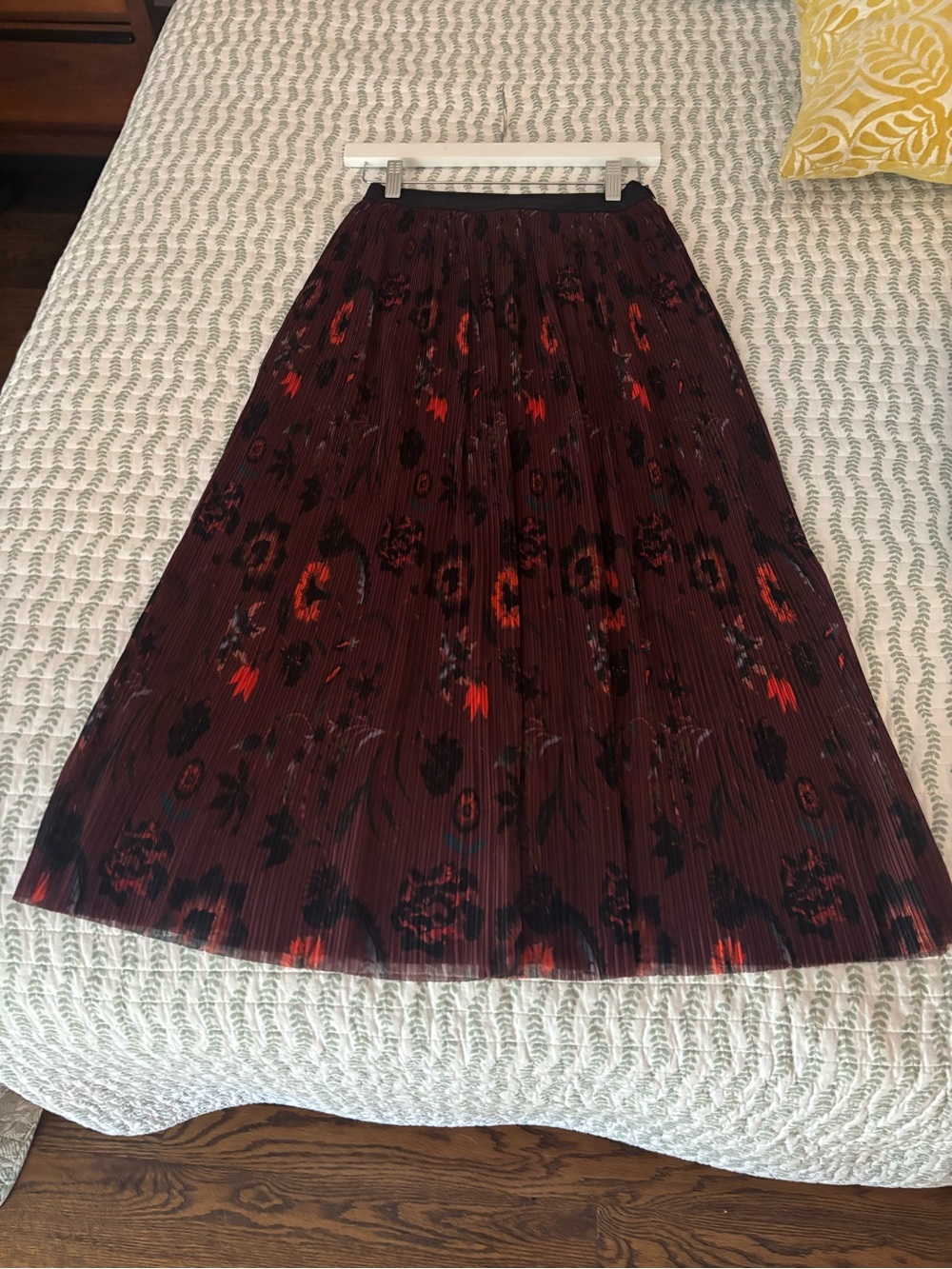 Sandro Burgundy Floral Pleated Maxi Skirt with Red Accents